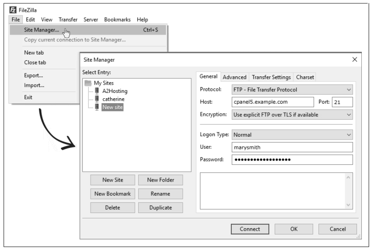 FileZilla site connection details